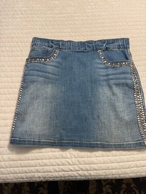 VENUS Light Blue Denim Mini Skirt with Rhinestone Trim